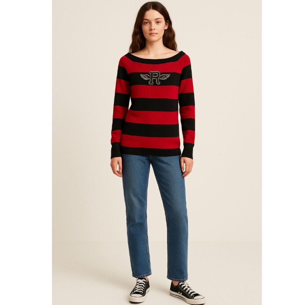 VTG Ralph Lauren Rugby Striped Red Black Wool Cashmere Sweater Winged R Logo S